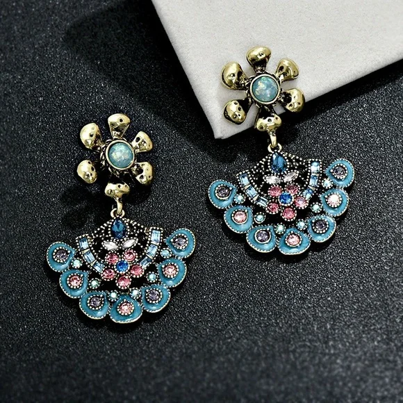 Chic Gold and Blue Floral Earrings - Picture 1 of 3